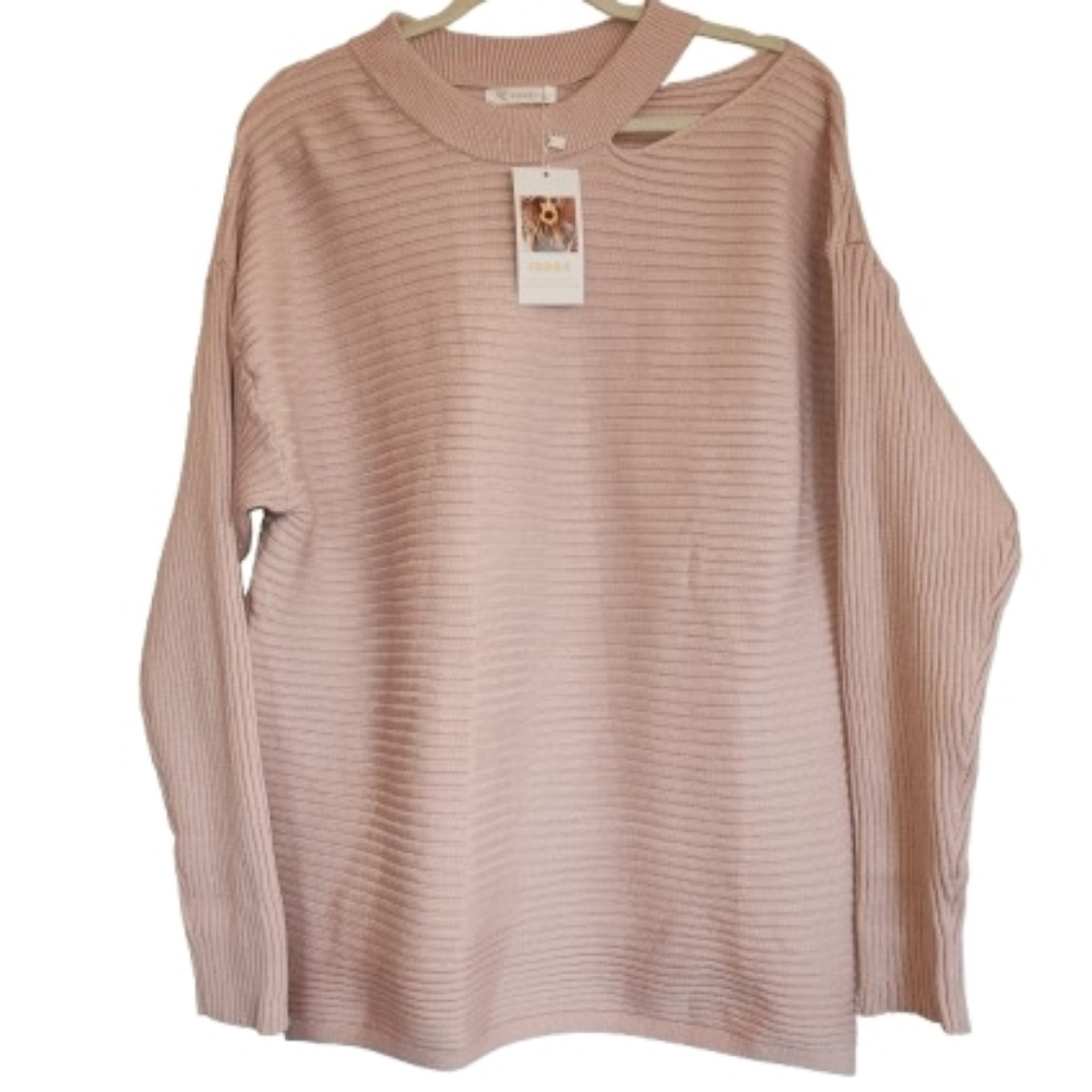 NWT Kirundo Pink Ribbed Sweater with Cutout at Neck/Shoulder  Size XL Soft Cozy
